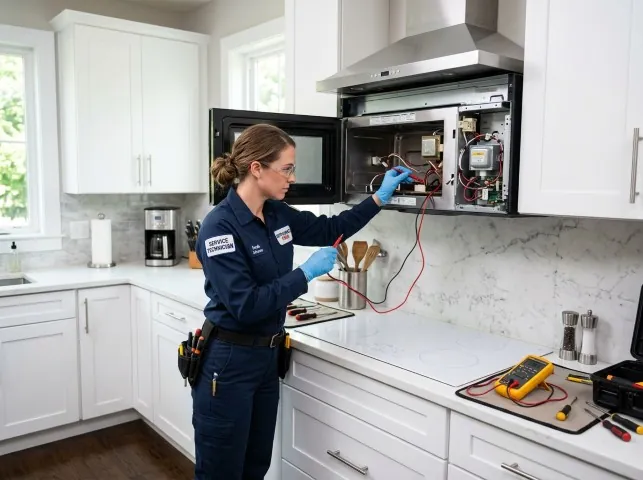 Appliance Repair Hero technician testing an over-the-range microwave in a Bridgeport, NY kitchen